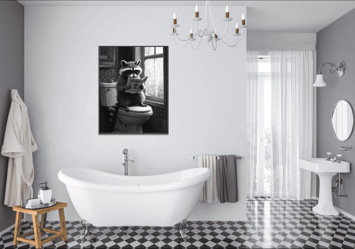 Raccoon Sitting On Toilet Reading Newspaper Black And White Poster - Image 2
