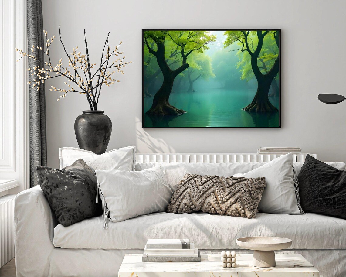 Mystical Forest Lake Wall Art Green Trees Nature Print Tranquil Water Landscape Serene Forest Decor Picture Calm Wall Decoration - Image 4