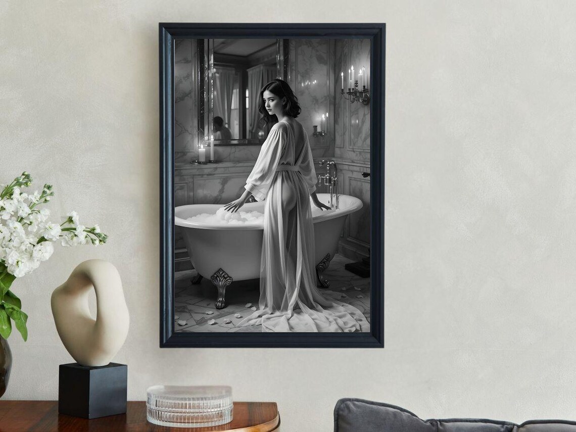 Elegant Bath Scene Wall Art Black And White Bathroom Decor Relaxing Woman Poster Luxury Gothic Artwork Romantic Home Prints - Image 3