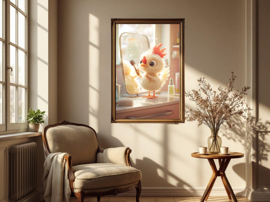 Cute Fluffy Chick Brushing Its Feathers Before the Mirror Poster - Image 4