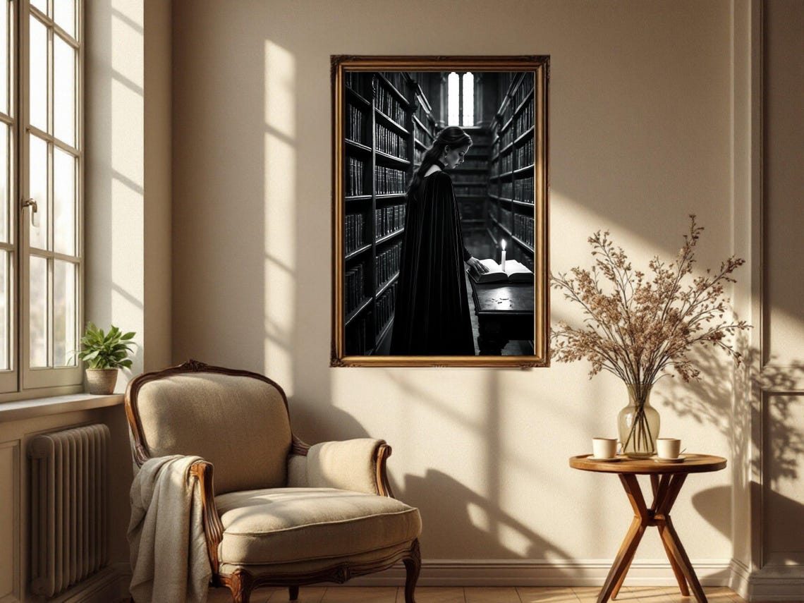 Gothic Library Wall Art Woman With Candle Print Dark Academia Decor Vintage Bookstore Poster Mysterious Reading Scene Art - Image 2