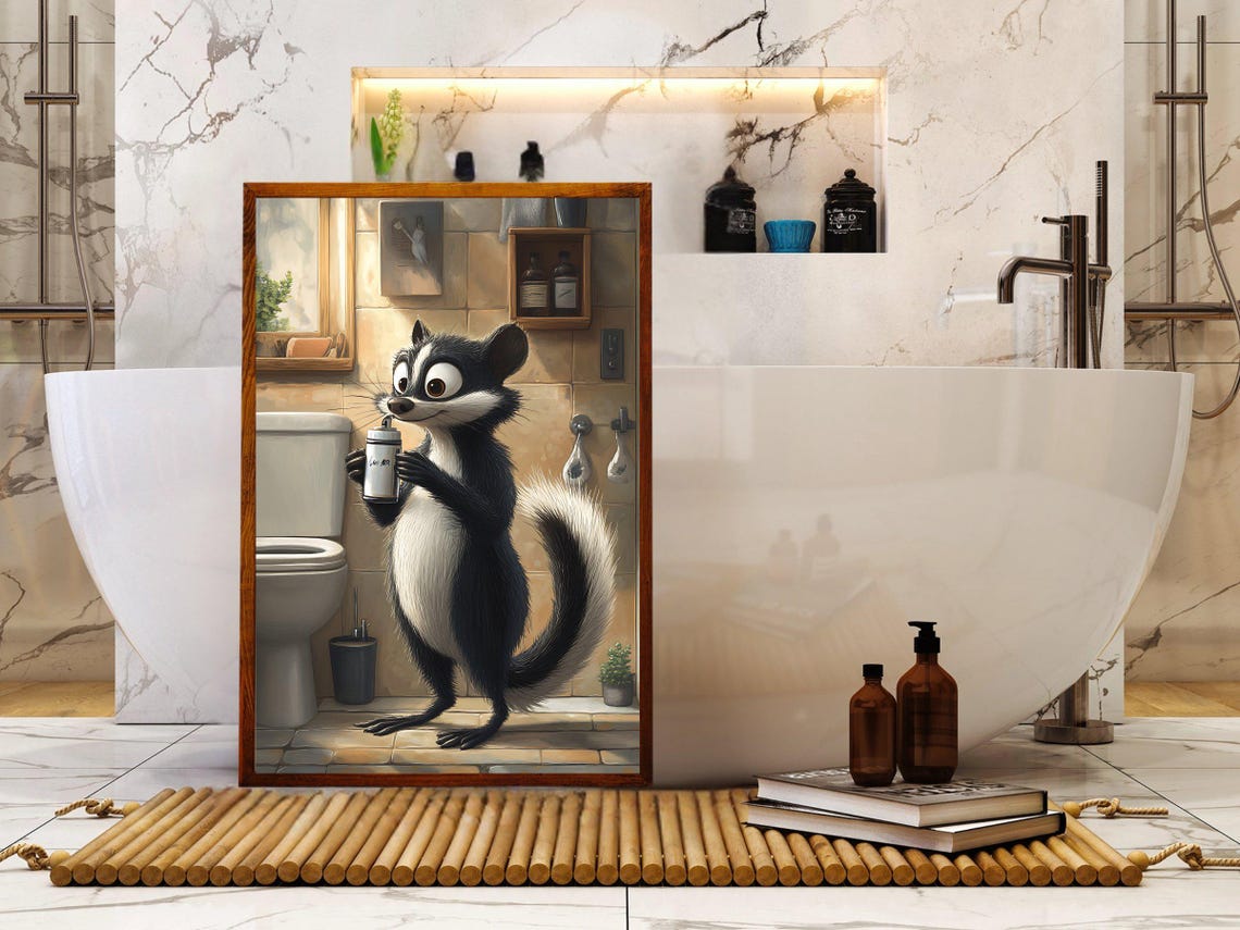 Adorable Skunk Holding Bottle In Bathroom Quirky Animal Art Poster - Image 5