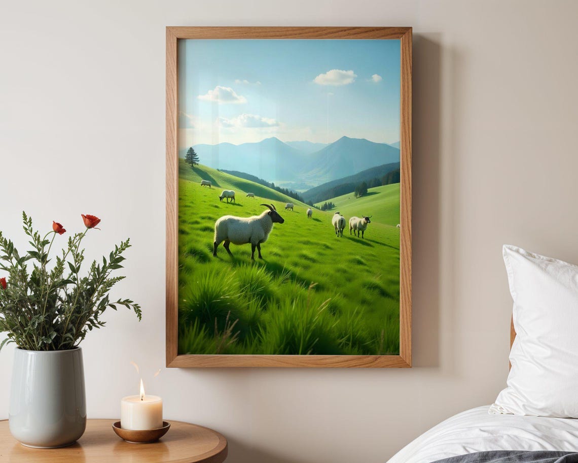 Sheep Grazing on a Lush Green Hillside with Mountain Peaks Poster