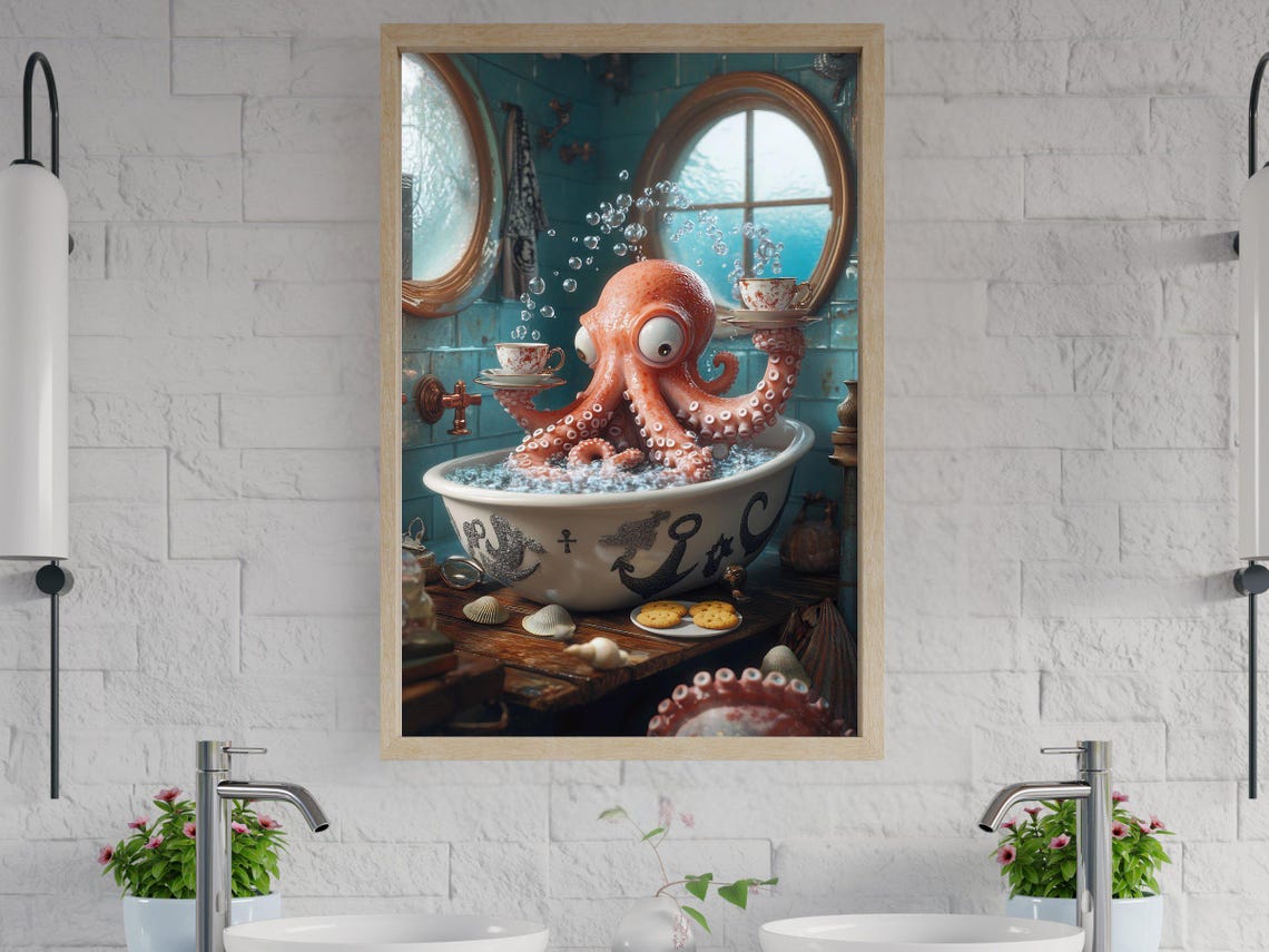 Quirky Octopus Bathroom Art Funny Bathtub Octopus Print Whimsical Underwater Wall Decor Humorous Bathroom Decor