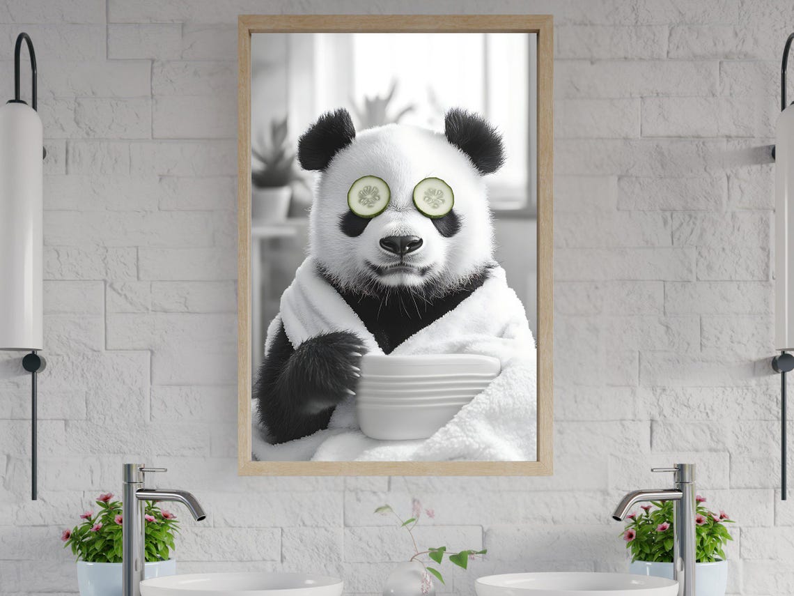 Spa Day Panda With Cucumber Slices Holding a Stack of Bowls Poster