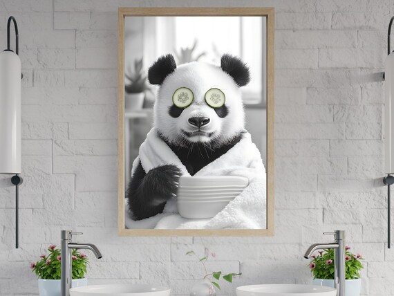 Spa Day Panda With Cucumber Slices Holding a Stack of Bowls Poster