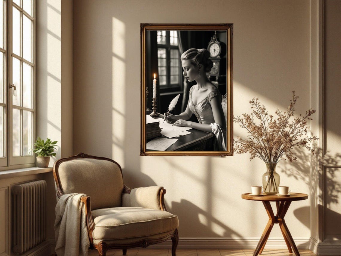 Woman Writing with Quill by Candlelight at Antique Desk Poster - Image 2