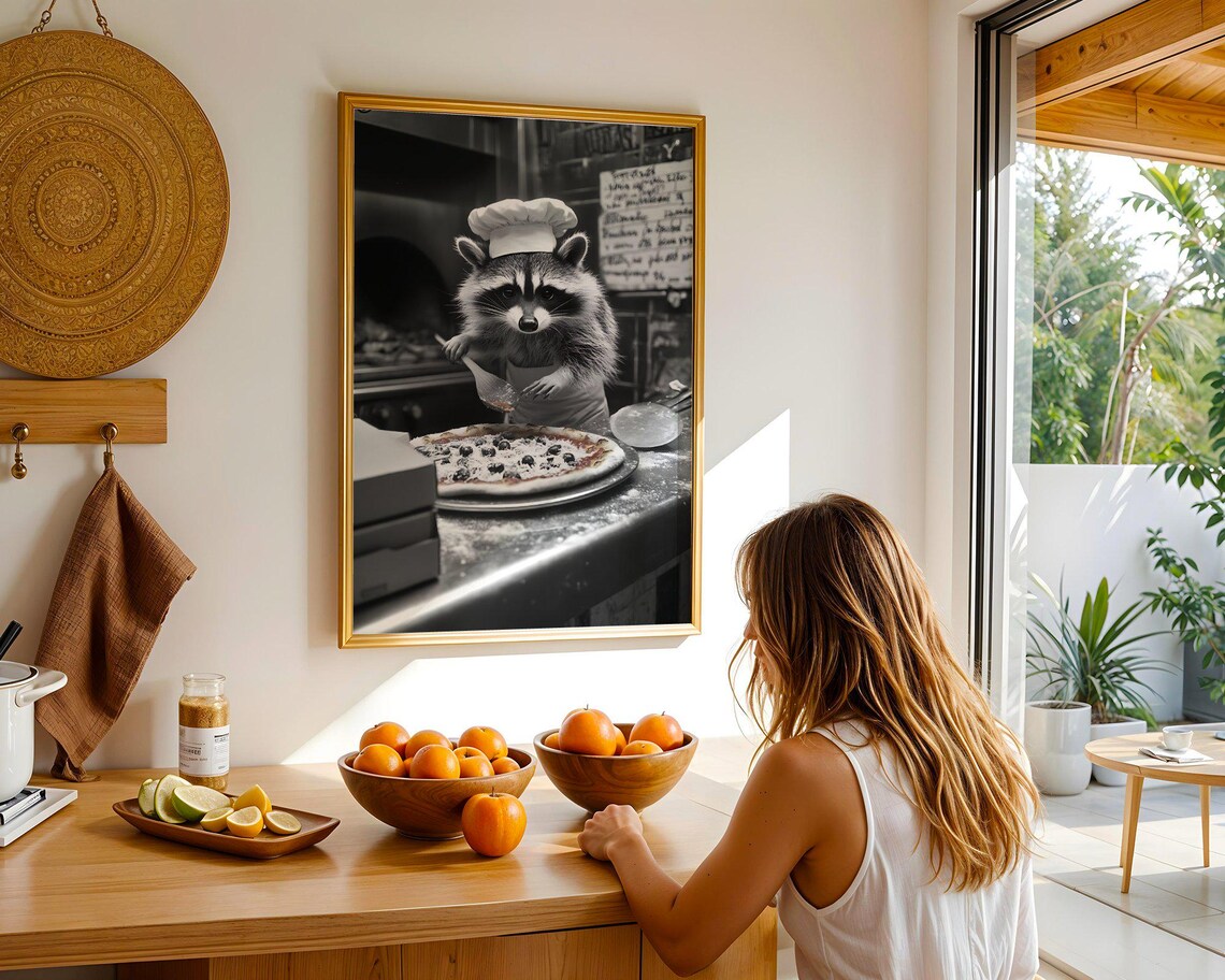 Funny Raccoon Pizza Chef in the Pizzeria Black and White Kitchen Poster - Image 5