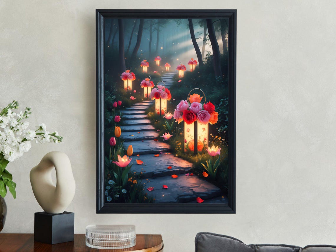 Enchanted Lantern Lit Forest Pathway Through A Twilight Garden Poster