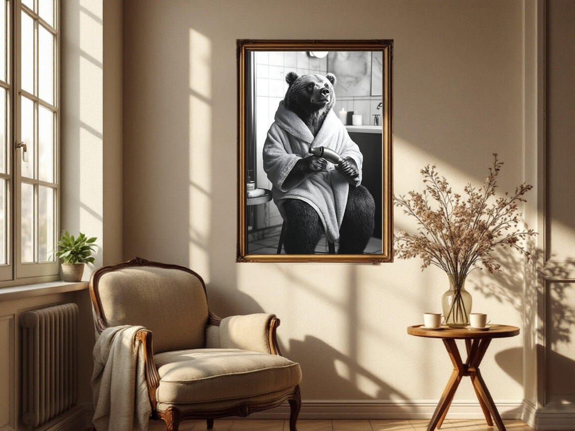 Black Bear in a Bathrobe Holding a Hair Dryer Bathroom Poster - Image 4