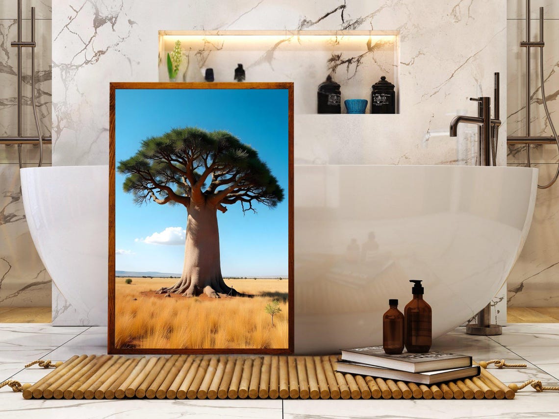 Lone Baobab Tree Standing in Golden African Savanna Field Poster - Image 4