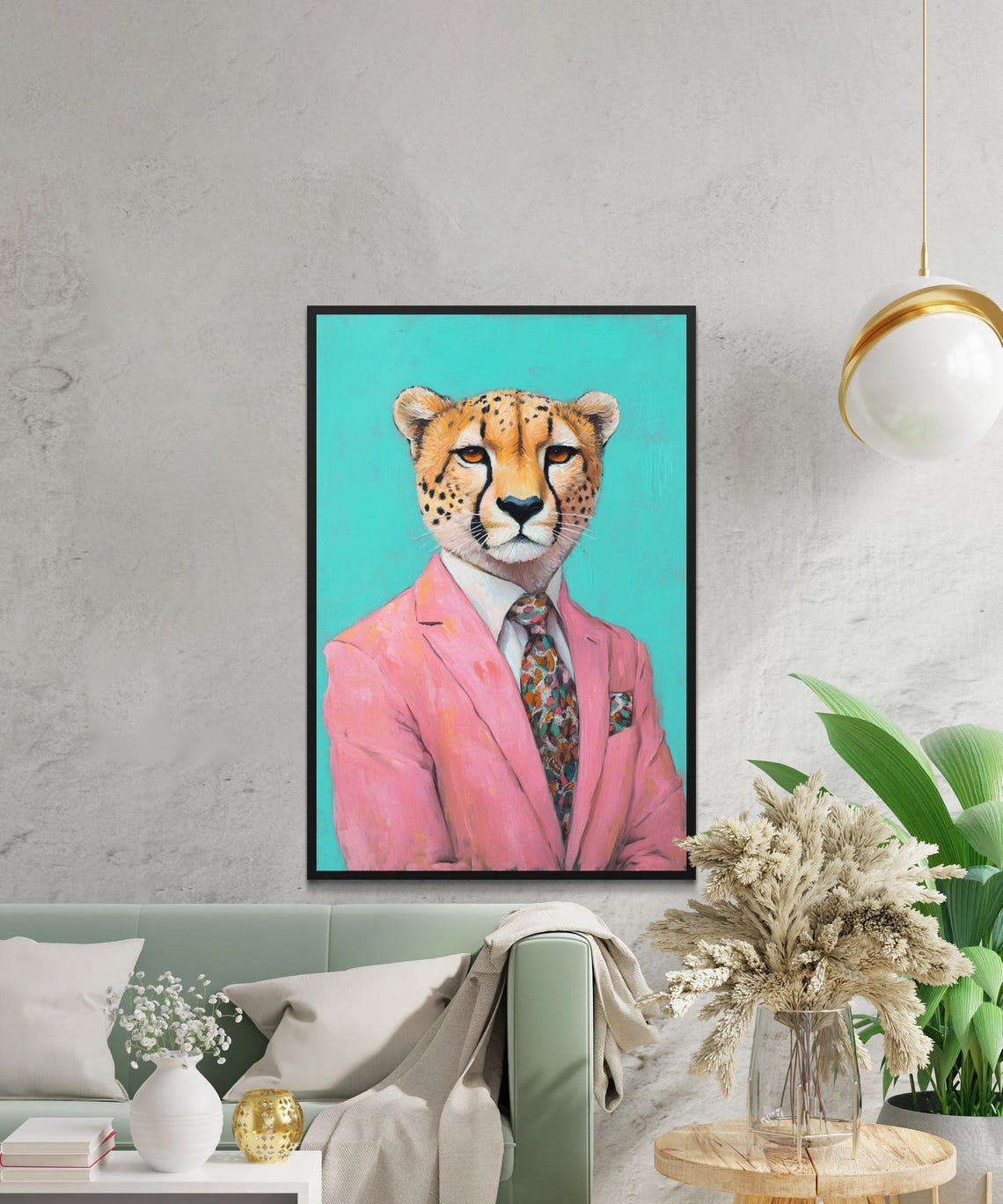 Dapper Cheetah In A Pink Suit With Tie On Turquoise Background Poster - Image 2