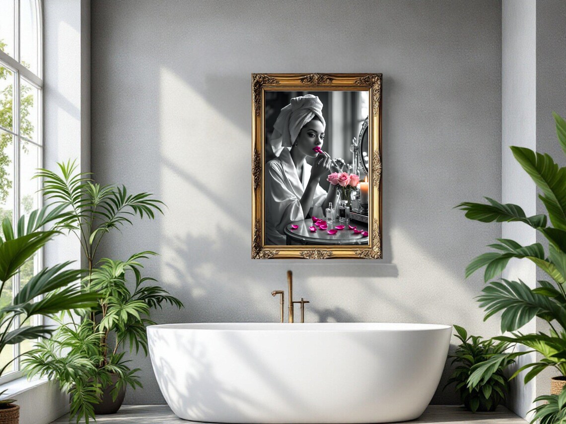 Woman in a Towel Turban Applying Pink Lipstick at a Vanity Poster - Image 3