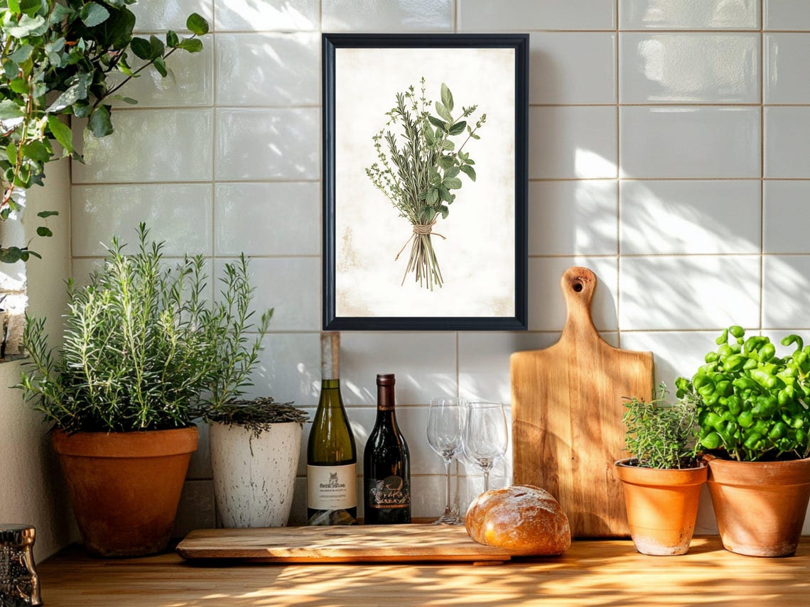 Fresh Herb Bouquet Watercolor Botanical Rustic Kitchen Poster - Image 2
