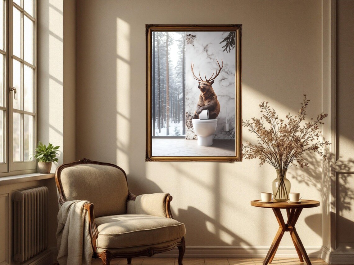 Deer Sitting on Toilet Holding Toilet Paper in a Snowy Forest Bathroom Poster - Image 4