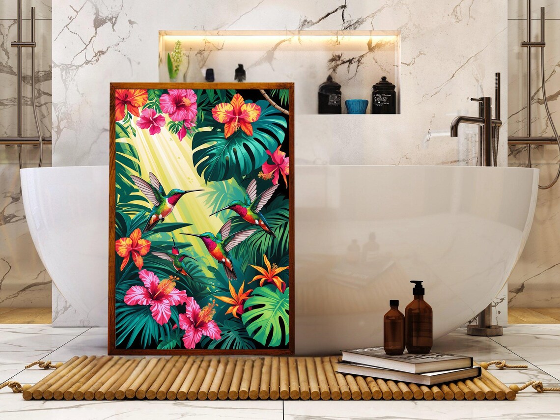 Tropical Hummingbirds And Hibiscus Blooms Among Sunlit Leaves Poster - Image 5