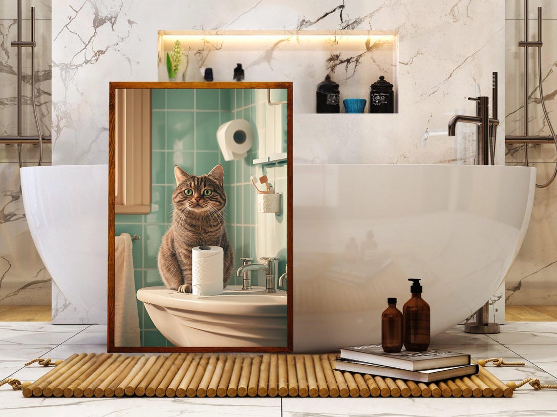 Tabby Cat Sitting by the Sink in a Mint Tiled Bathroom Poster - Image 5