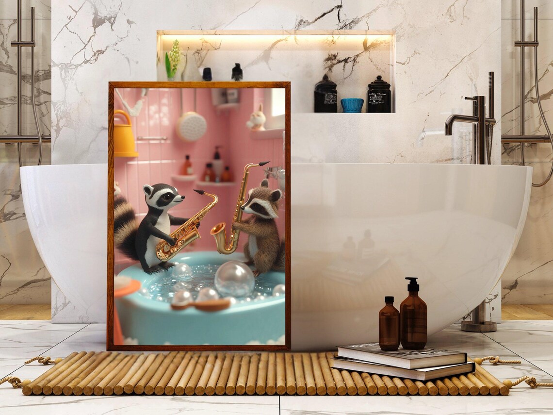 Two Happy Raccoons Playing Golden Saxophones in a Bubble Bath Poster - Image 5