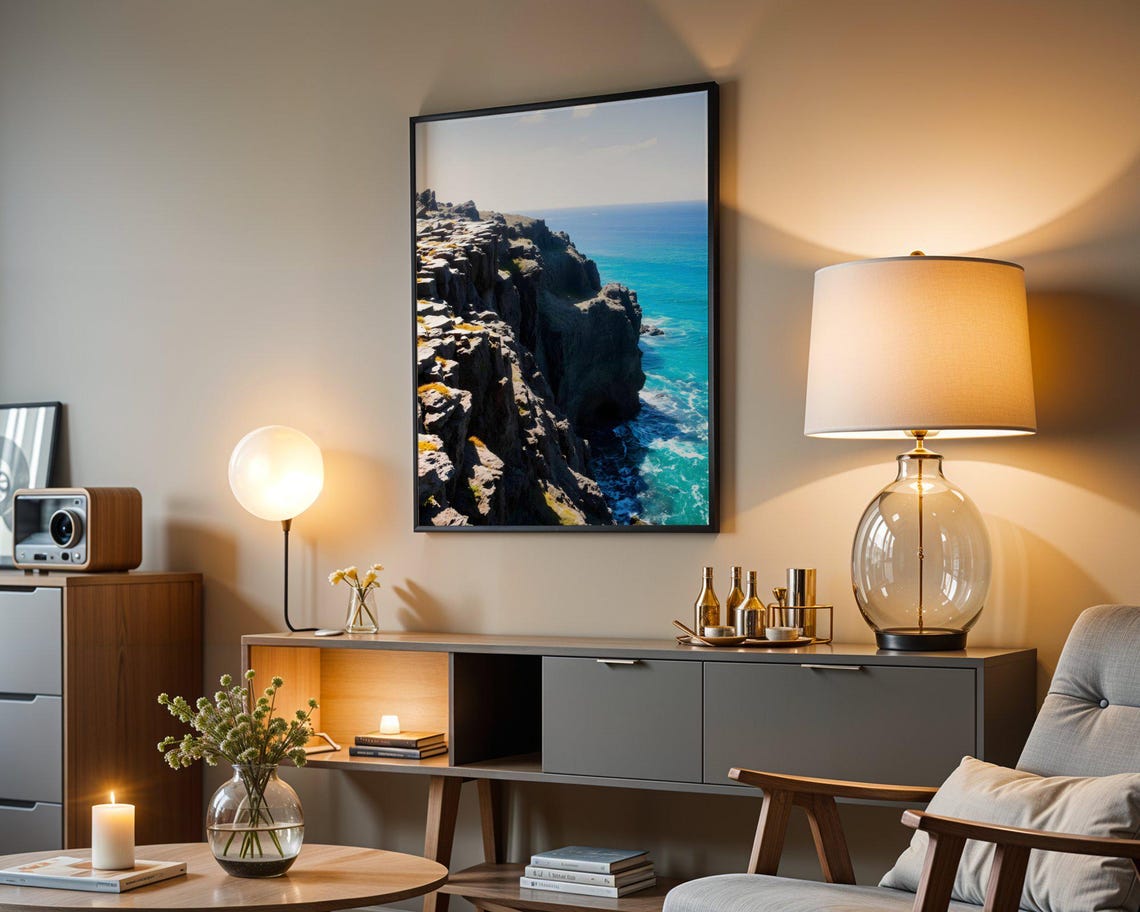 Dramatic Rocky Cliffs With Basalt Columns Above Deep Blue Ocean Poster - Image 5