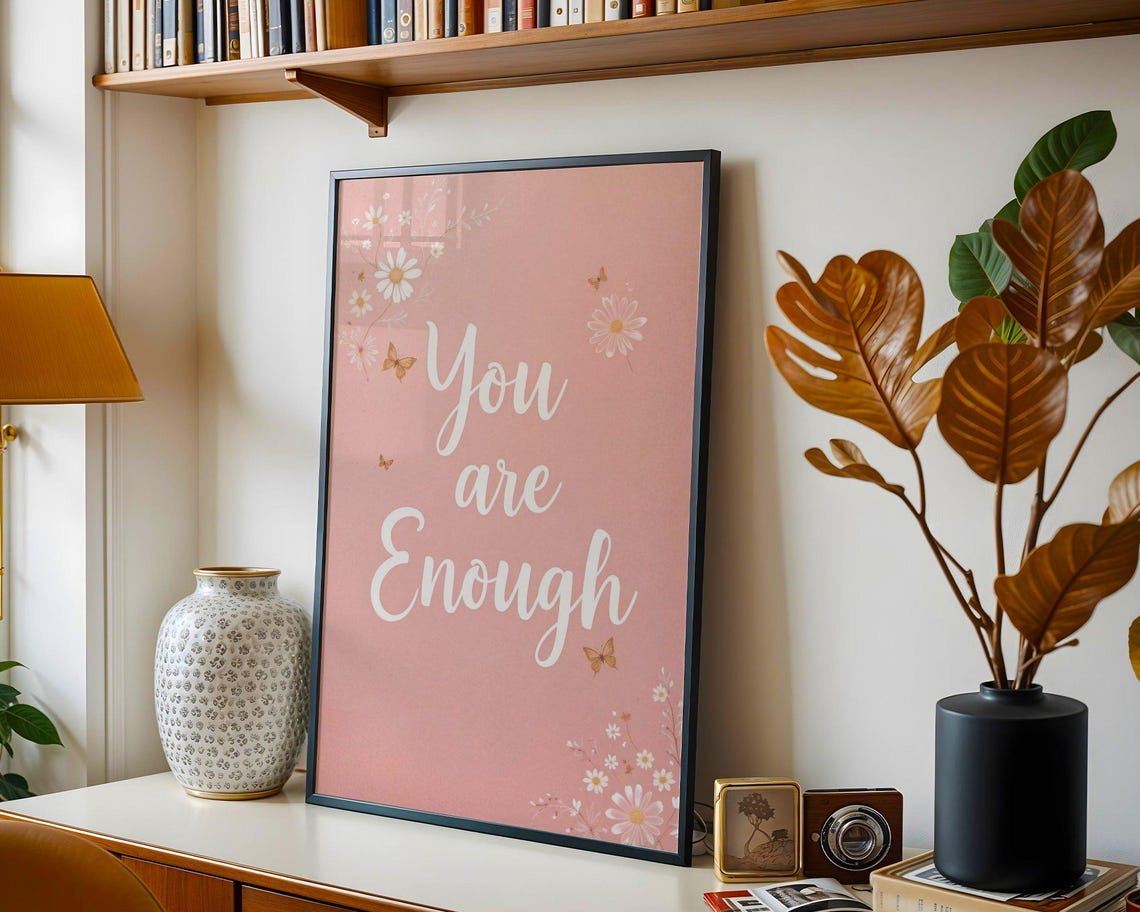 You Are Enough Blush Pink Daisy And Butterfly Affirmation Quote Poster - Image 3