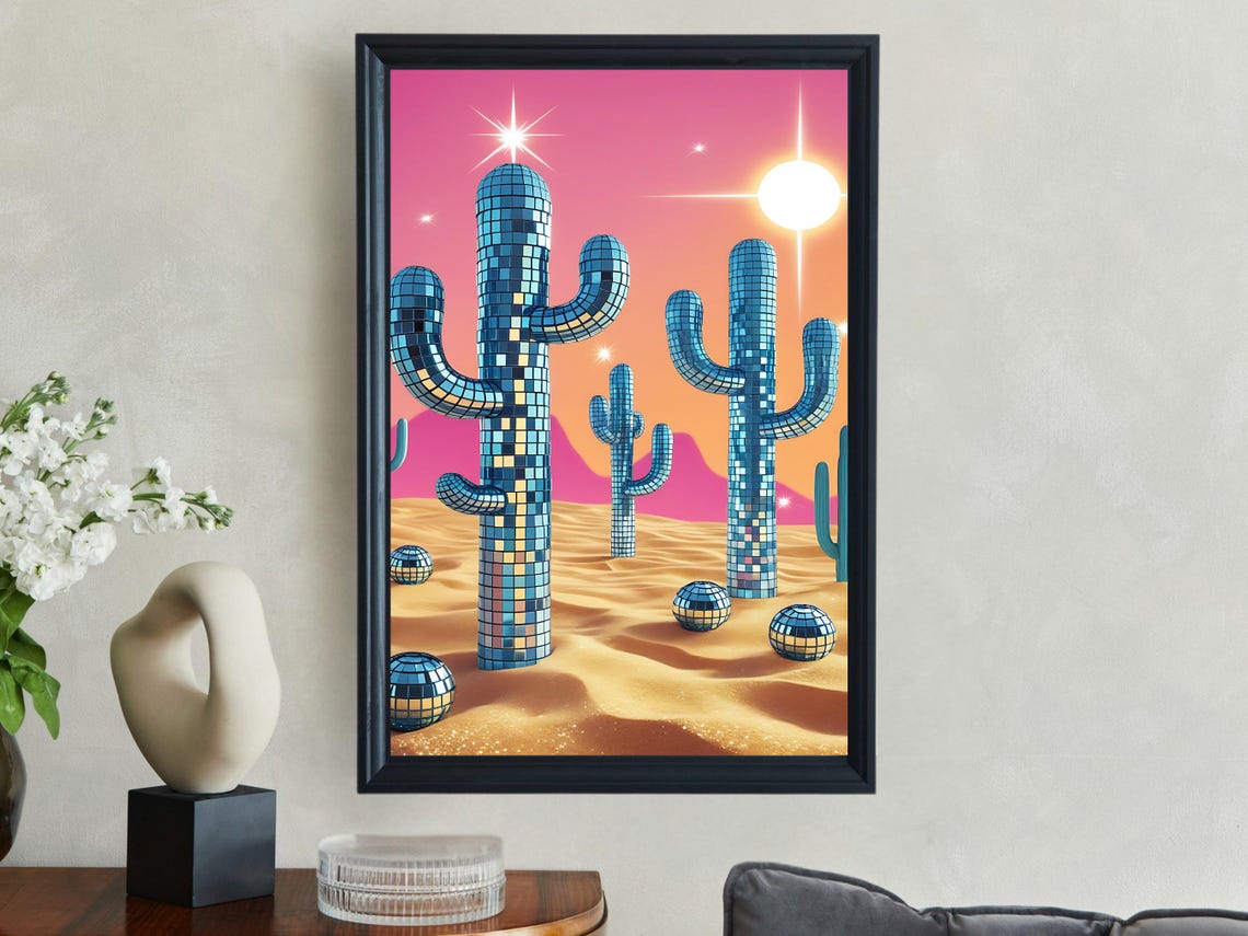 Disco Tile Saguaro Cacti Desert Sunset Sparkling Western Poster