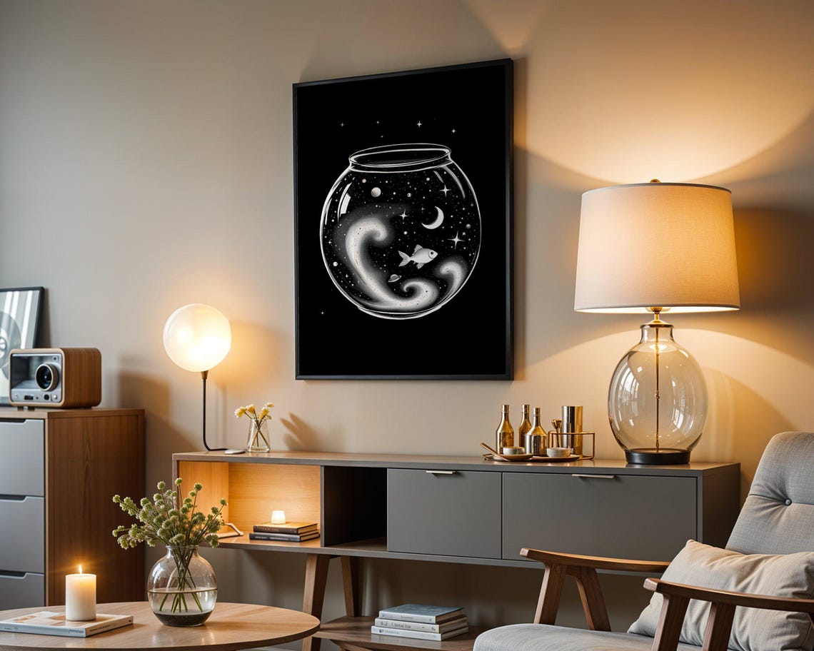 Outer Space Fish Bowl Wall Art Cosmic Aquarium Print Celestial Ocean Poster Night Sky Fish Art Surreal Starry Wall Decor - Image 3