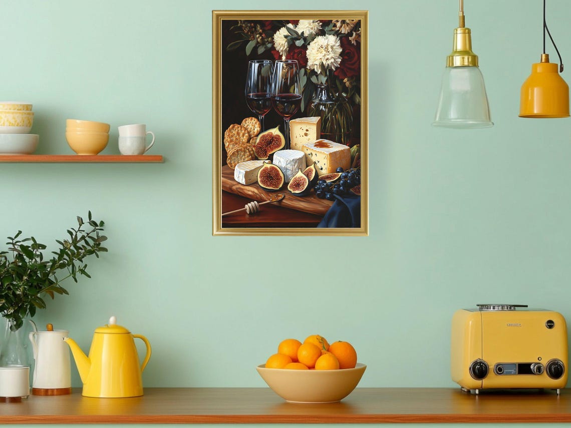 Wine and Cheese Still Life Gourmet Rustic Dining Artwork Poster - Image 3
