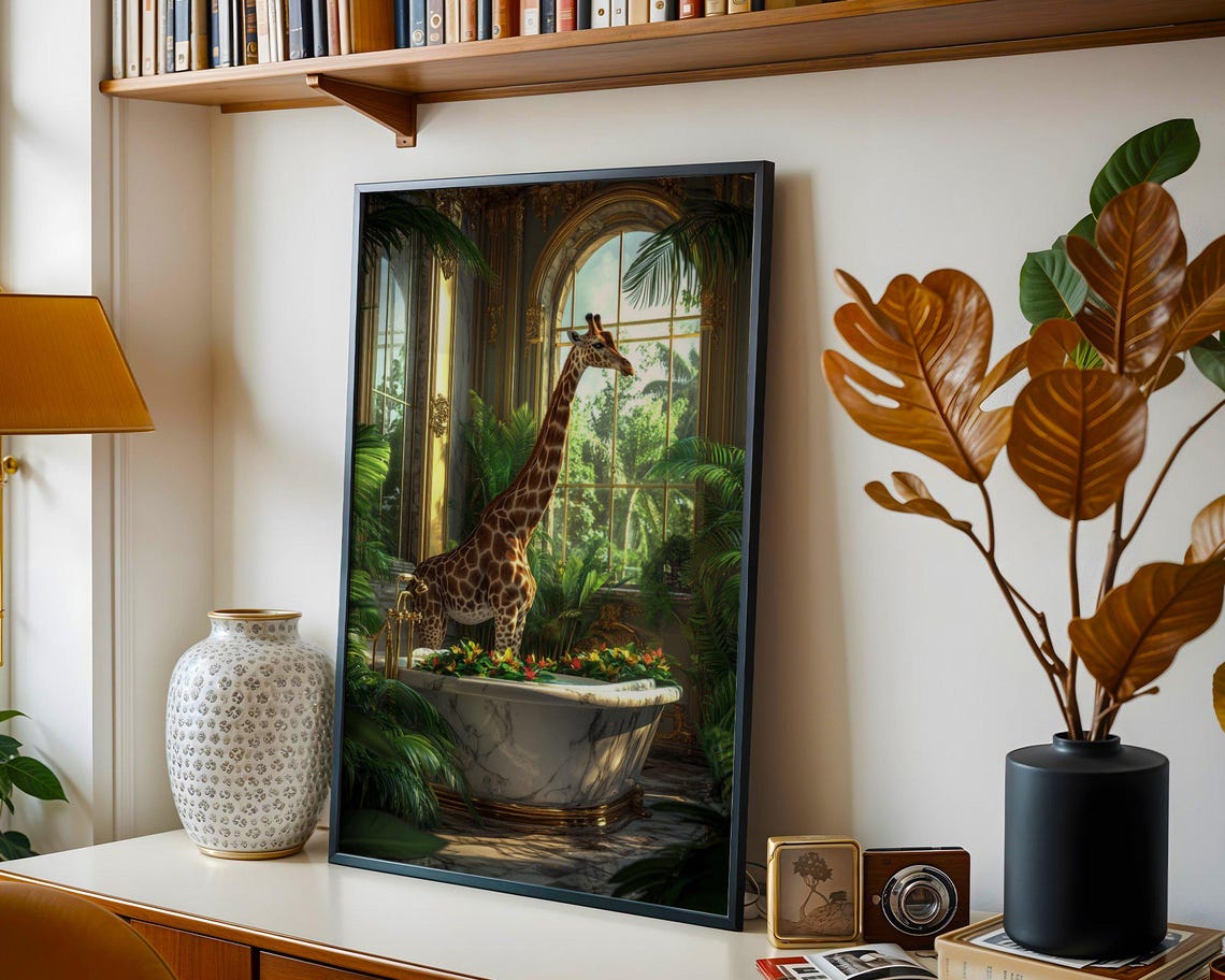 Giraffe Bathing in a Marble Tub Tropical Conservatory Night Poster - Image 4