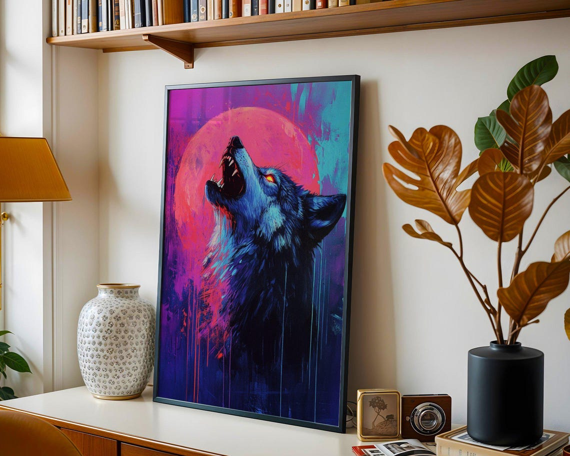 Howling Wolf Under Giant Pink Moon Neon Night Sky Art Poster - Image 2