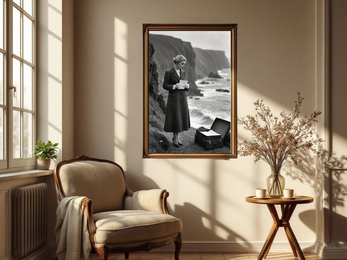 Vintage Woman Reading Letter on Coastal Cliff with Suitcase Poster - Image 2