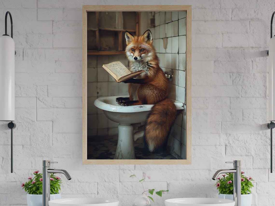 Red Fox Sitting in a Vintage Sink Reading an Open Book Poster