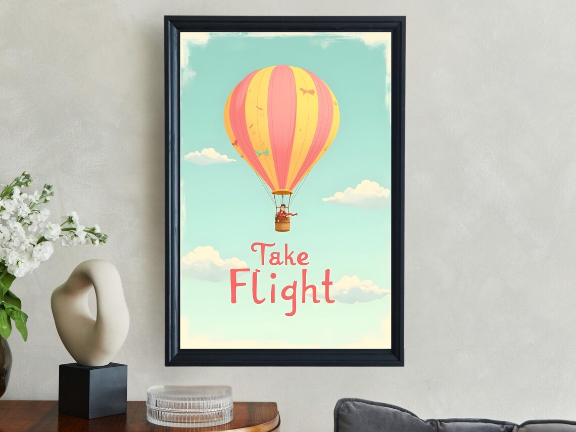 Take Flight Pink Yellow Hot Air Balloon Adventure Kids Art Poster