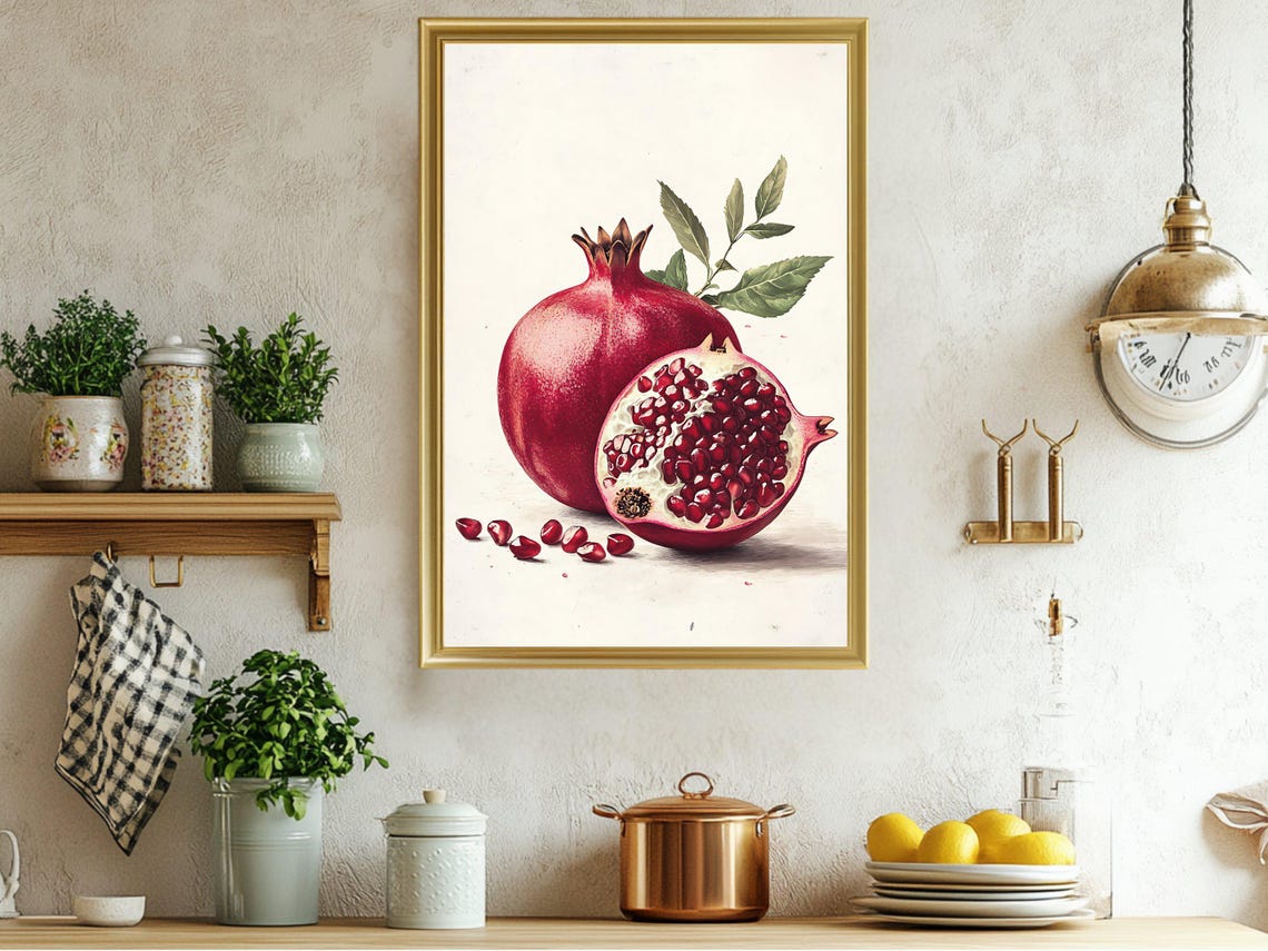 Vibrant Pomegranate Botanical Fruit Watercolor Kitchen Poster