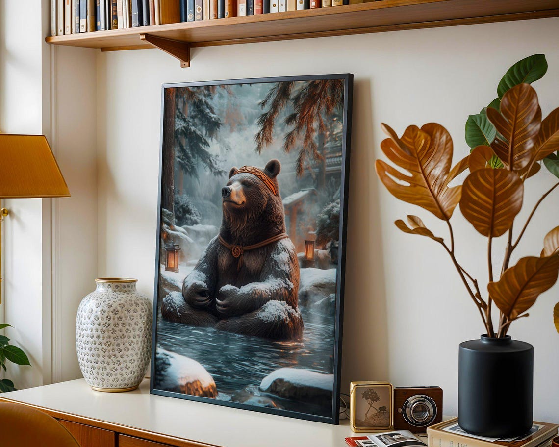 Meditating Zen Bear in Snowy Forest Hot Spring Winter Art Print - Image 4
