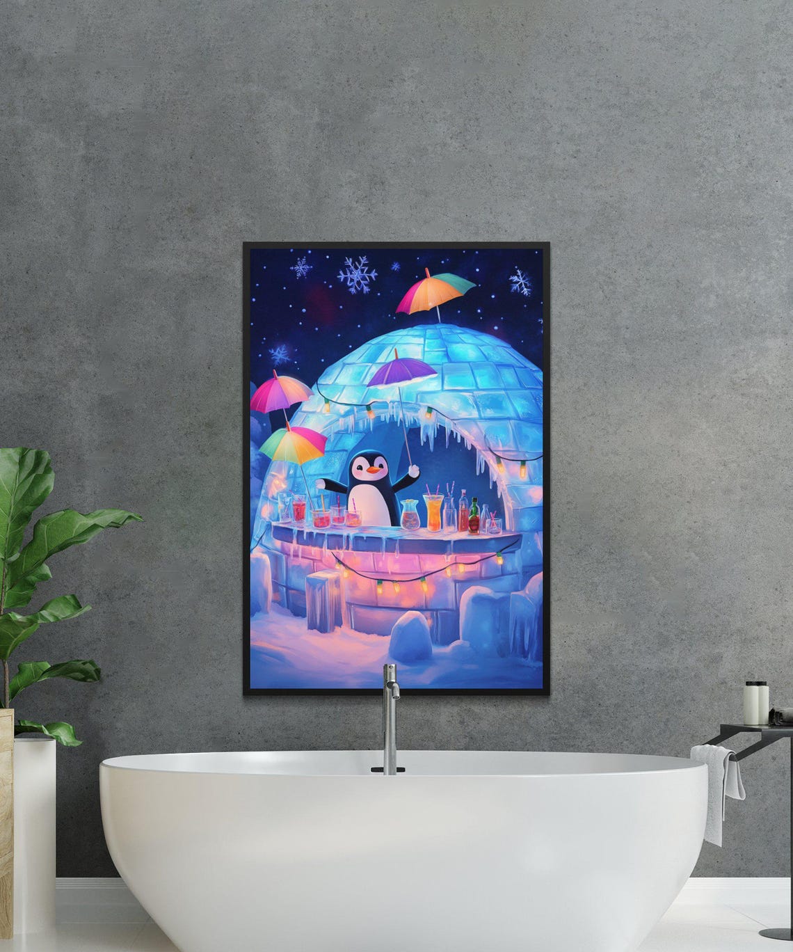 Penguin Bartender in a Glowing Blue Igloo Bar at Night Poster - Image 2