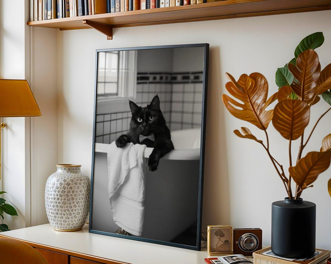 Dapper Black Cat with a Bow Tie Leaning Over a Bathtub Edge Poster - Image 4