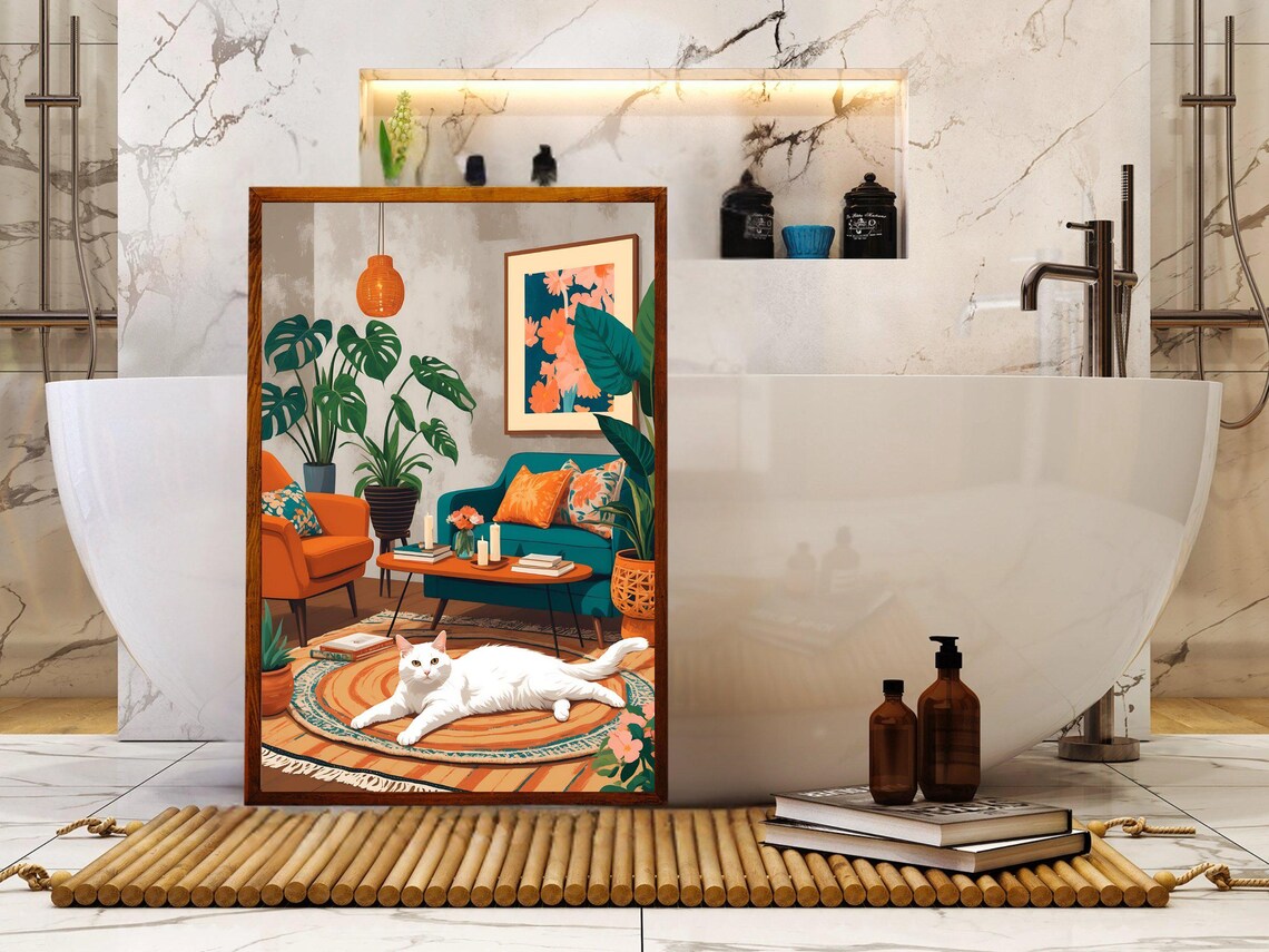 White Cat Lounging In A Cozy Boho Living Room With Monstera Plants Poster - Image 5