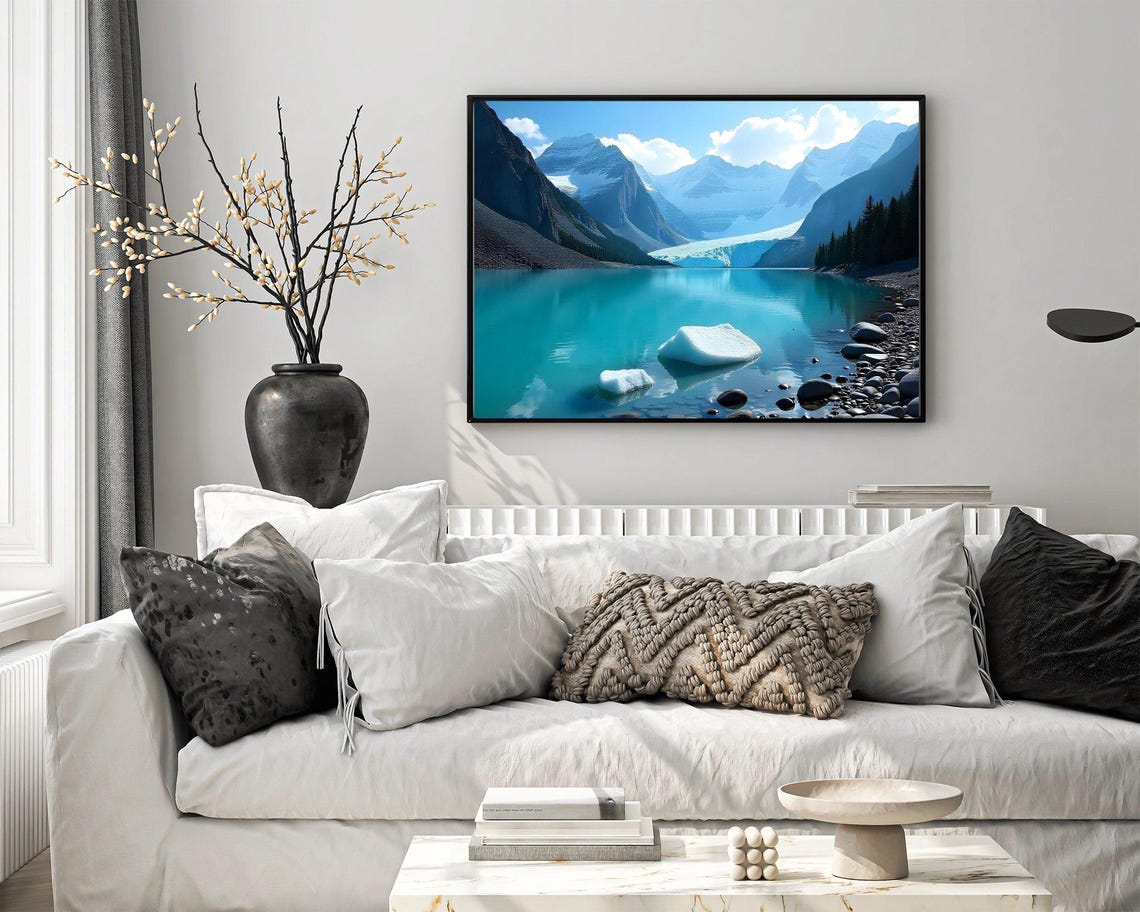 Glacial Lake with Floating Ice Chunks and Snowy Peaks Beyond Poster - Image 4