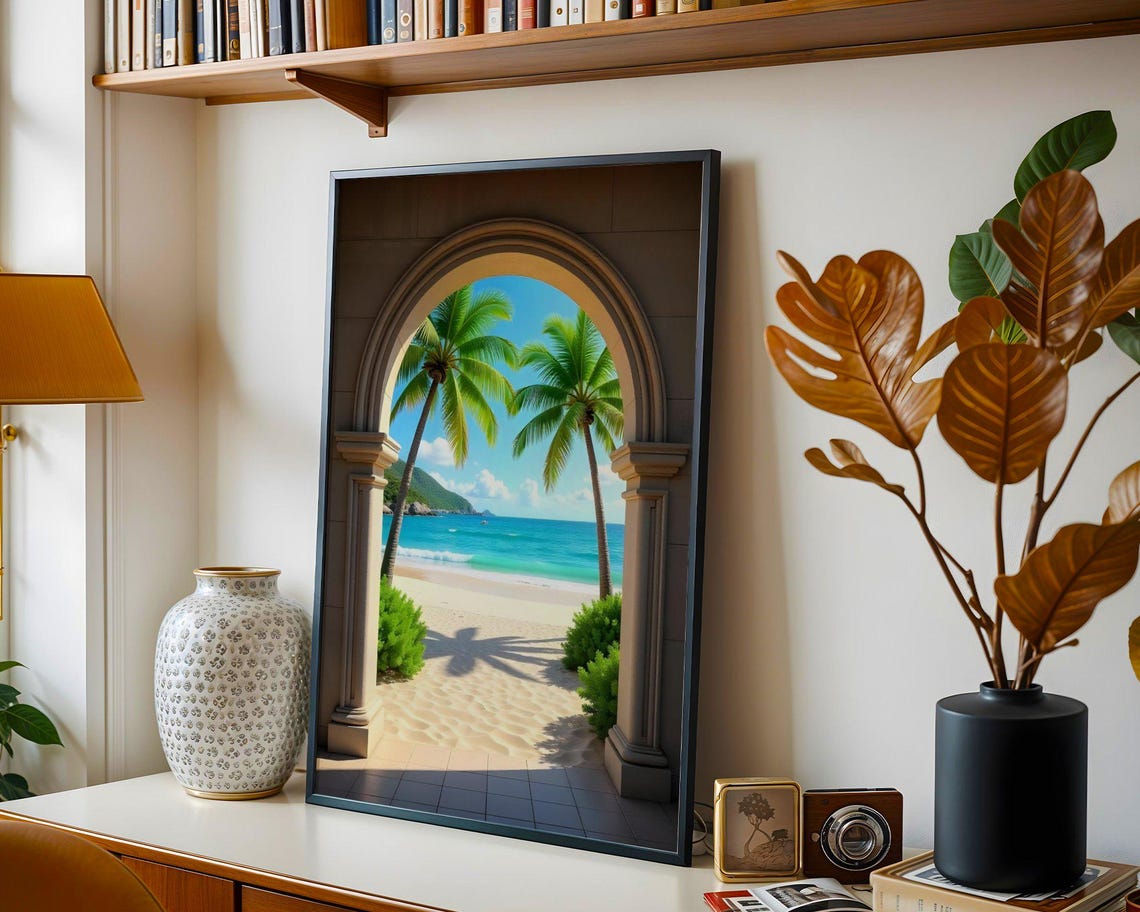 Tropical Palm Beach View Through Stone Archway Terrace Poster - Image 3