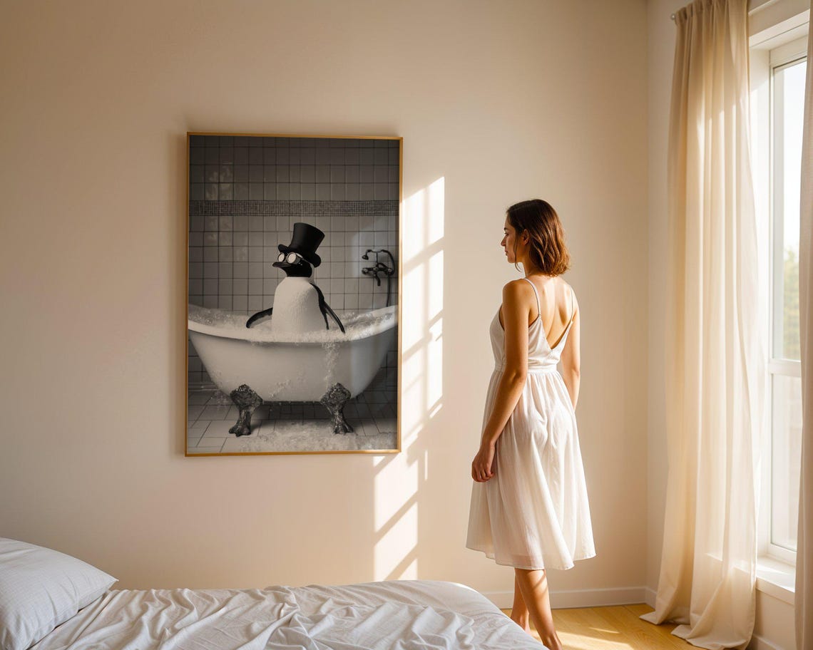 Dapper Penguin in Top Hat Relaxing in Bubble Bath Vintage Poster - Image 3