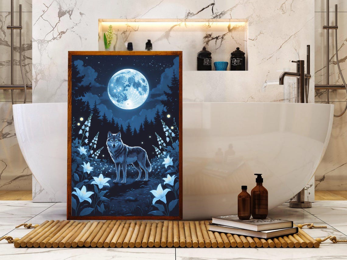 Wolf Under Moonlight Blue Forest Night Animal Scene Art Print - Image 5