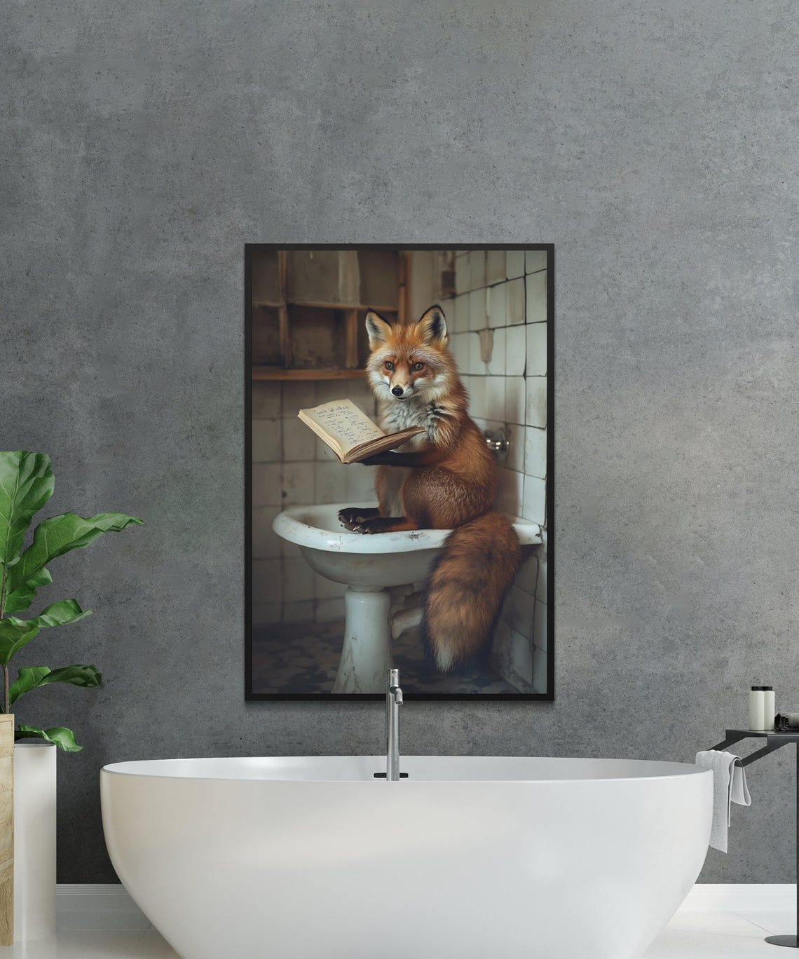 Red Fox Sitting in a Vintage Sink Reading an Open Book Poster - Image 2