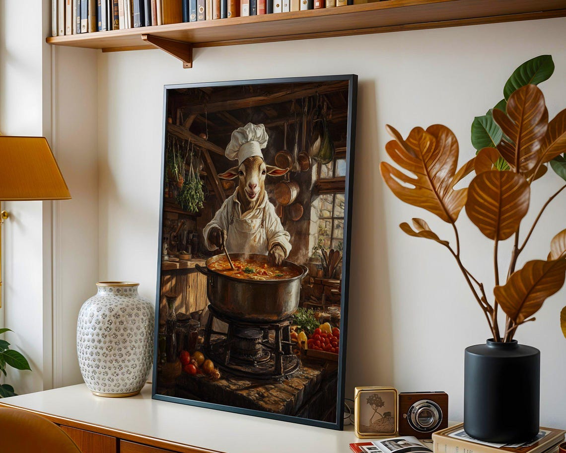 Goat Chef Stirring Steaming Stew Pot in Rustic Kitchen Poster - Image 4