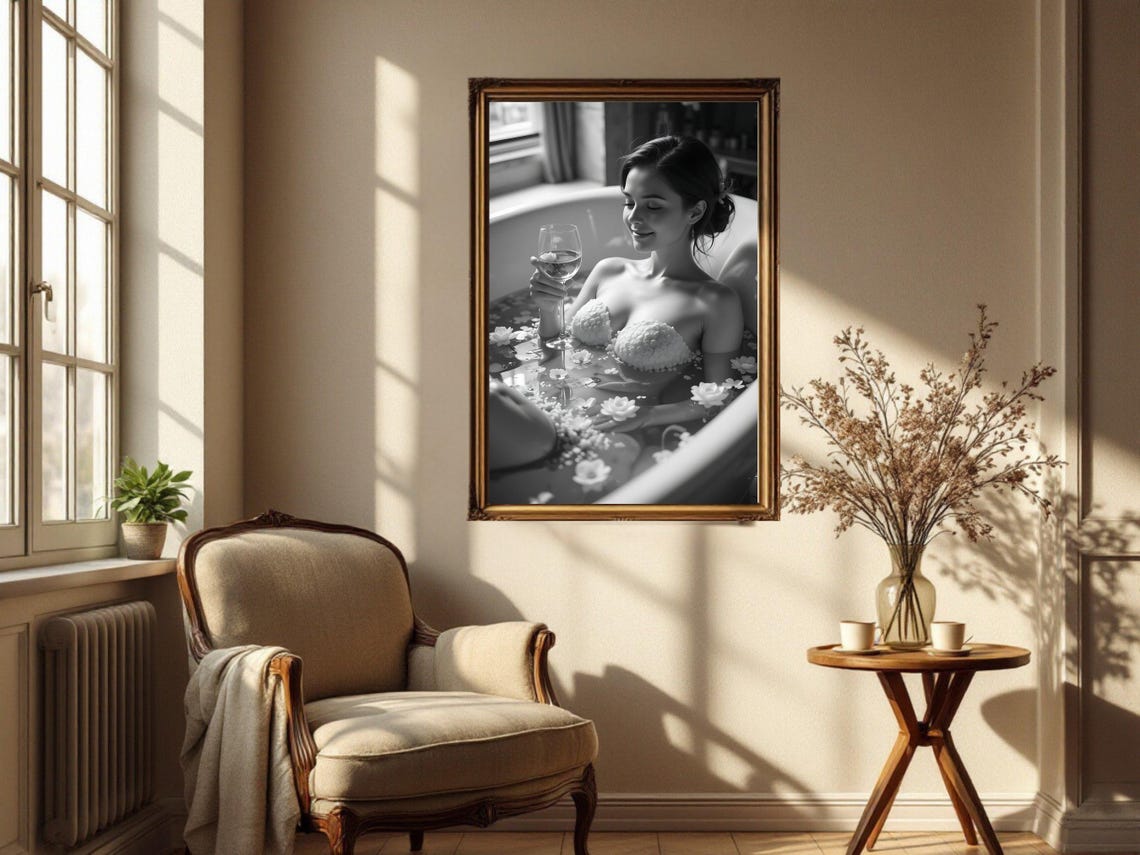 Serene Woman in Flower-Filled Bathtub with Wine Glass, B&W Poster - Image 5