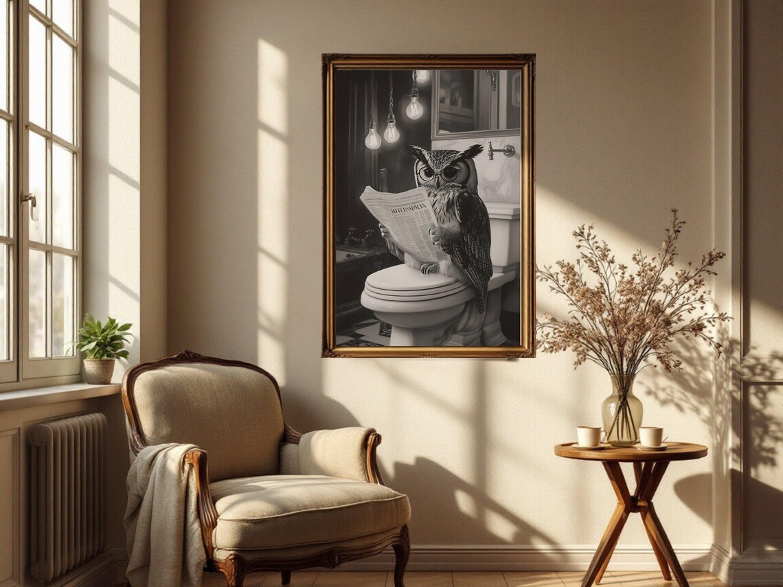 Owl Wearing Glasses Reading Newspaper Sepia Tone Bathroom Poster - Image 4