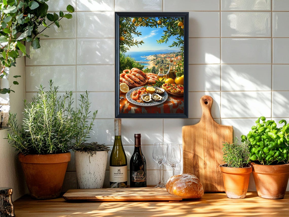 Mediterranean Seafood Feast Sunny Coastal Kitchen Dining Poster - Image 2