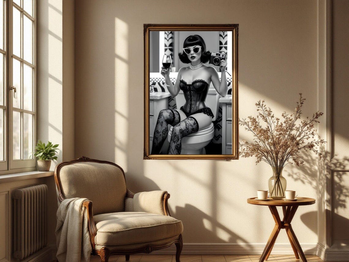 Retro Pin Up Woman With Vintage Camera And Wine Glass Poster - Image 2