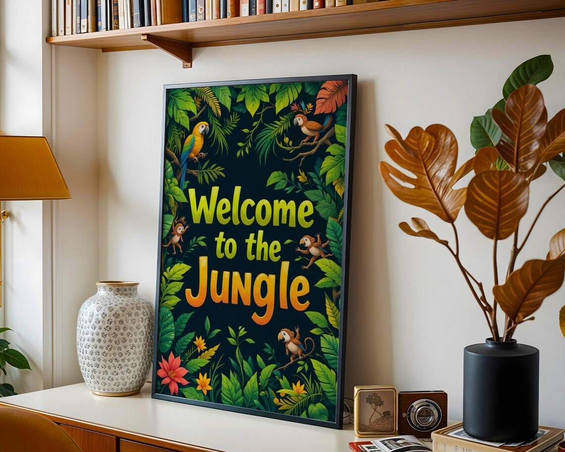 Welcome to the Jungle Tropical Parrot Monkey Nursery Kids Room Decor Poster - Image 3