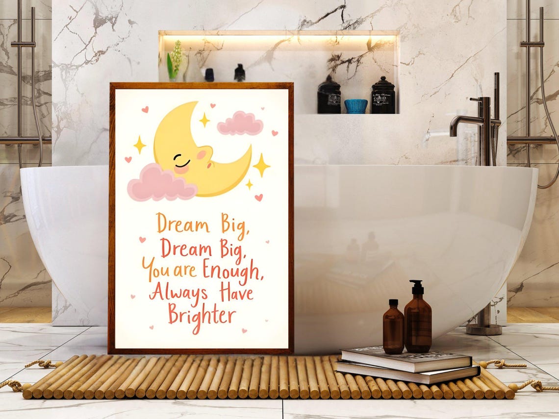Dream Big Sleeping Crescent Moon and Stars Nursery Quote Poster - Image 2