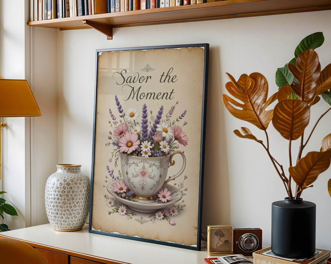 Savor The Moment Vintage Floral Teacup Bouquet Aged Paper Poster - Image 3